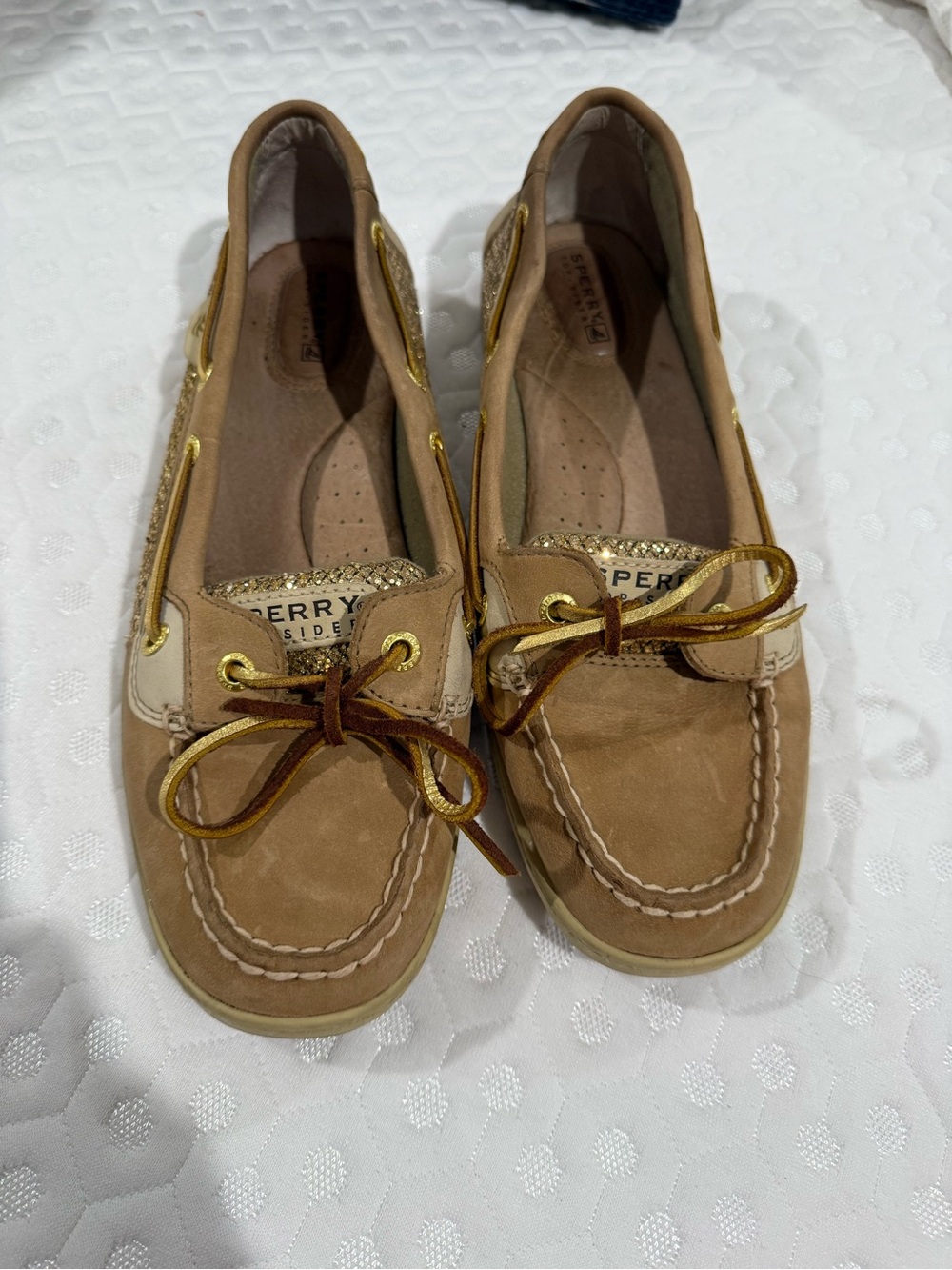 Sperry Women's Tan Suede Boat Moccasins with Gold Accents